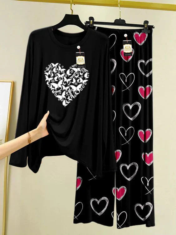 Black Color Heart Printed Trouser Lounge wear Nightwear Sleepwear With Heart Prinred Trouser For Women