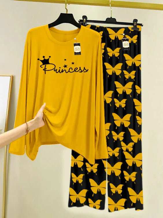 Yellow Printed Nightwear Set With Black Butterfly Printed Trousers – Women's Lounge Wear