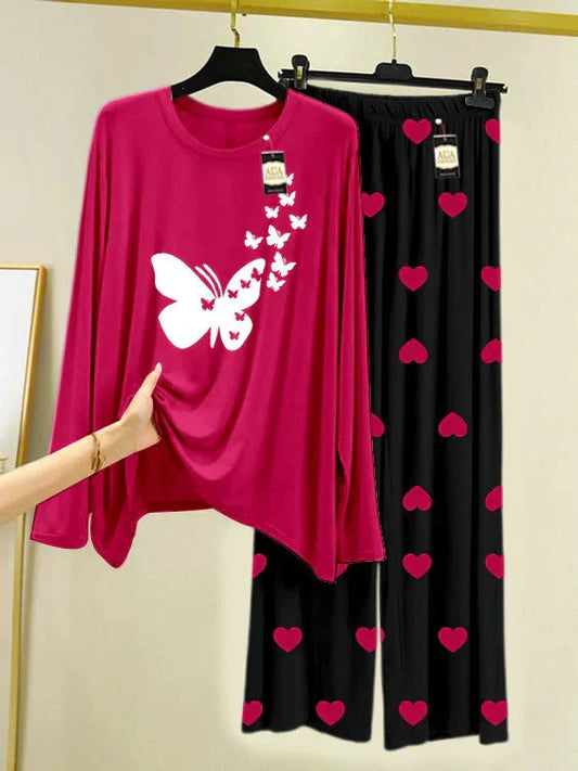 Dark Pink Printed Nightwear Set with Mini Heart Printed Trousers – Women's Lounge Wear