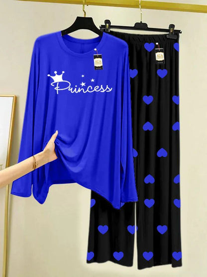 Navy Blue Printed Nightwear Set with Mini Heart Printed Trousers – Women's Lounge Wear