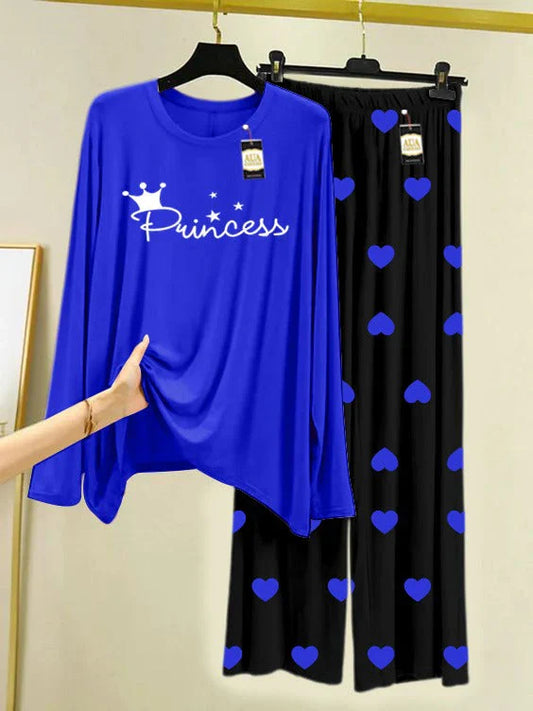 Navy Blue Printed Nightwear Set with Mini Heart Printed Trousers – Women's Lounge Wear