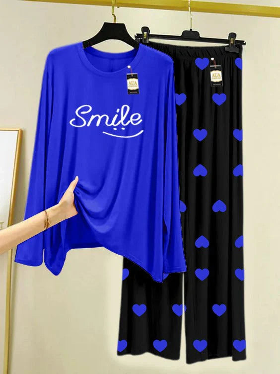Navy Blue Printed Nightwear Set with Mini Heart Printed Trousers – Women's Lounge Wear