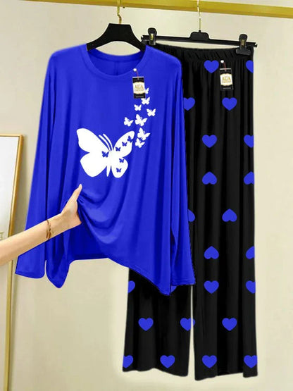 Navy Blue Printed Nightwear Set with Mini Heart Printed Trousers – Women's Lounge Wear