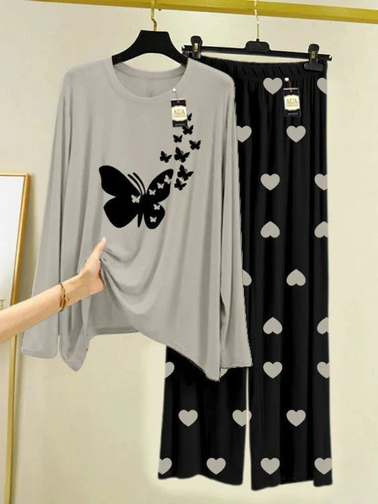 Grey Printed Nightwear Set with Black Mini Heart Printed Trousers – Women's Lounge Wear