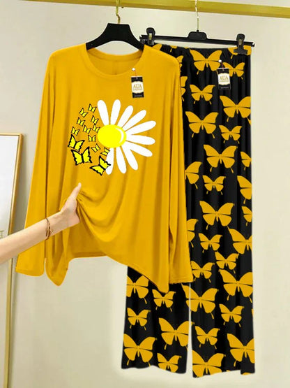 Yellow Printed Nightwear Set With Black Butterfly Printed Trousers – Women's Lounge Wear