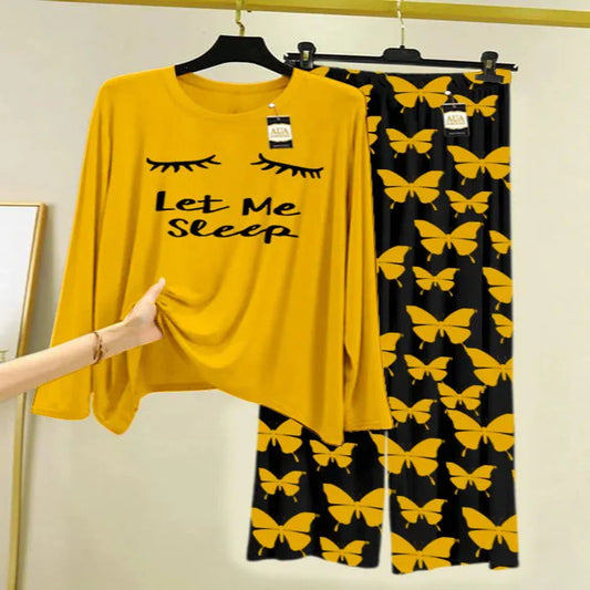 Yellow Printed Nightwear Set With Black Butterfly Printed Trousers – Women's Lounge Wear