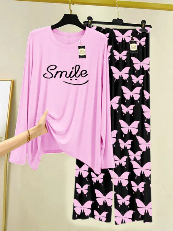 Baby Pink Printed Nightwear Set With Black Butterfly Printed Trousers – Women's Lounge Wear