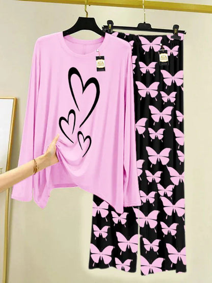 Baby Pink Printed Nightwear Set With Black Butterfly Printed Trousers – Women's Lounge Wear