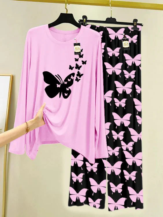 Baby Pink Printed Nightwear Set With Black Butterfly Printed Trousers – Women's Lounge Wear