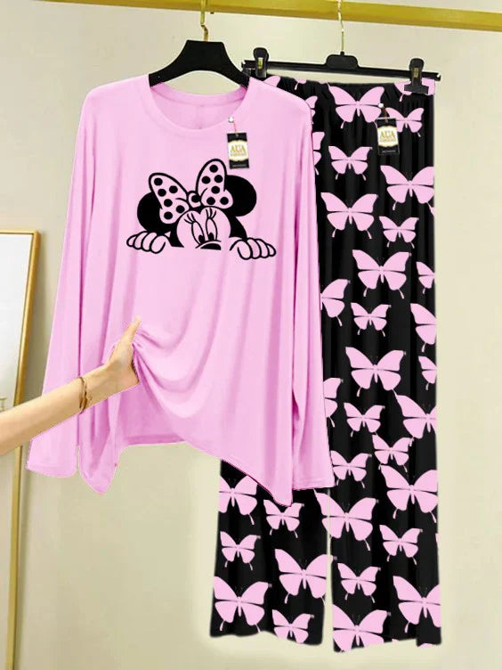 Baby Pink Printed Nightwear Set With Black Butterfly Printed Trousers – Women's Lounge Wear
