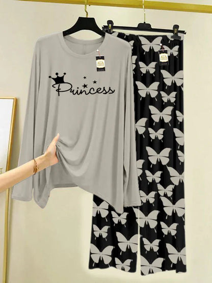 GREY Printed Nightwear Set With Black Butterfly Printed Trousers – Women's Lounge Wear