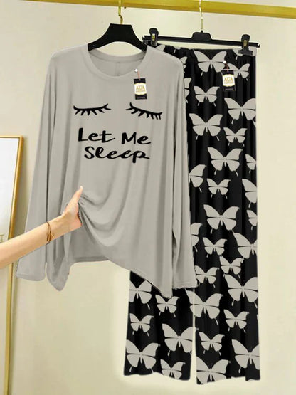 GREY Printed Nightwear Set With Black Butterfly Printed Trousers – Women's Lounge Wear