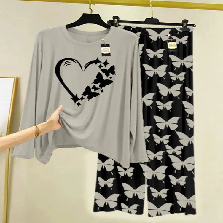 GREY Printed Nightwear Set With Black Butterfly Printed Trousers – Women's Lounge Wear