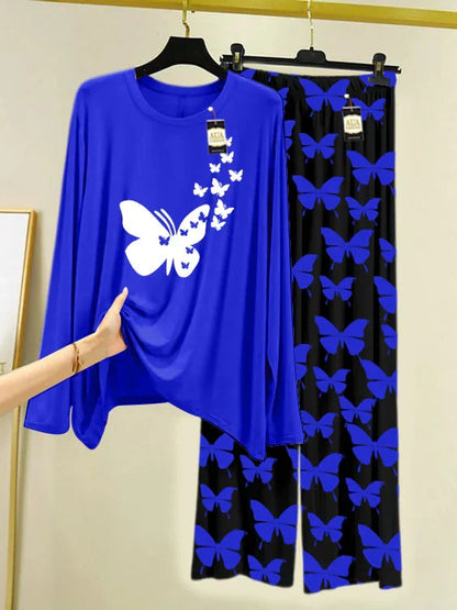 Navy Printed Nightwear Set With Black Butterfly Printed Trousers – Women's Lounge Wear
