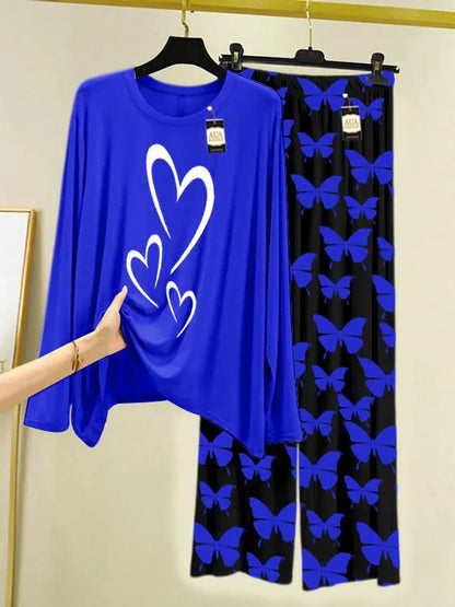Navy Printed Nightwear Set With Black Butterfly Printed Trousers – Women's Lounge Wear