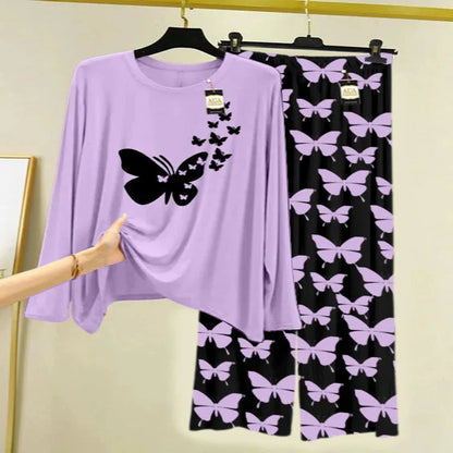 PURPLE Printed Nightwear Set With Black Butterfly Printed Trousers – Women's Lounge Wear