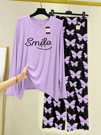 PURPLE Printed Nightwear Set With Black Butterfly Printed Trousers – Women's Lounge Wear