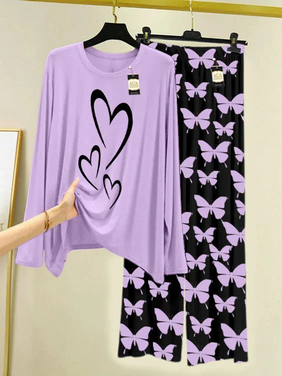 PURPLE Printed Nightwear Set With Black Butterfly Printed Trousers – Women's Lounge Wear