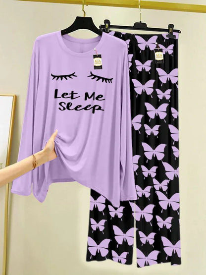 PURPLE Printed Nightwear Set With Black Butterfly Printed Trousers – Women's Lounge Wear