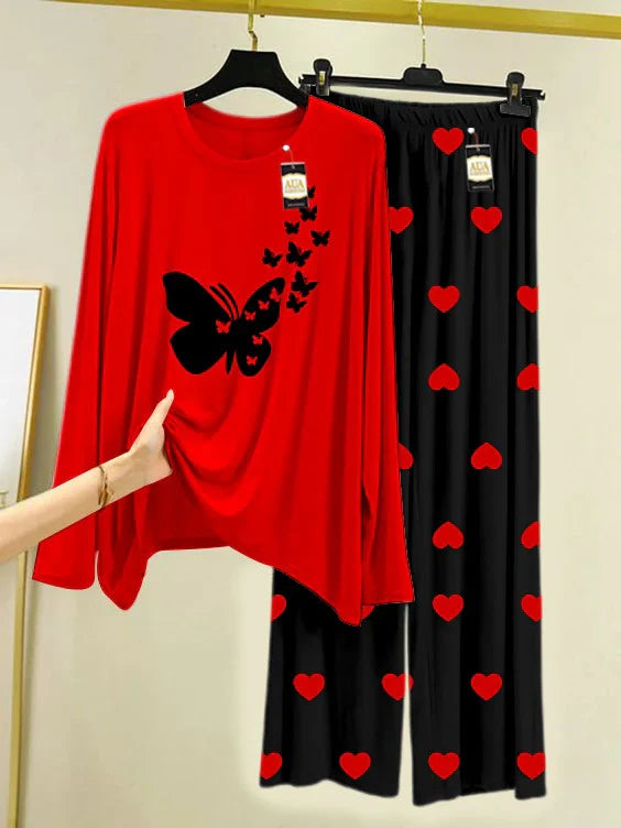 RED  Printed Nightwear Set with Black Mini Heart Printed Trousers – Women's Lounge Wear