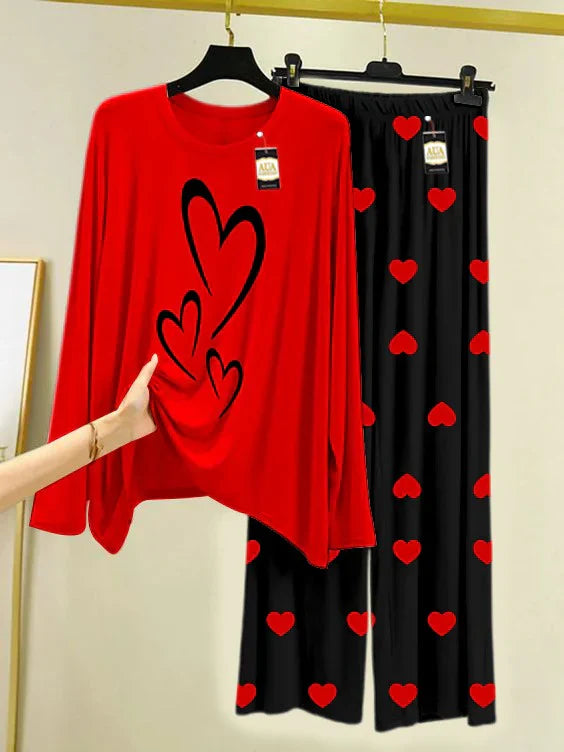 RED  Printed Nightwear Set with Black Mini Heart Printed Trousers – Women's Lounge Wear