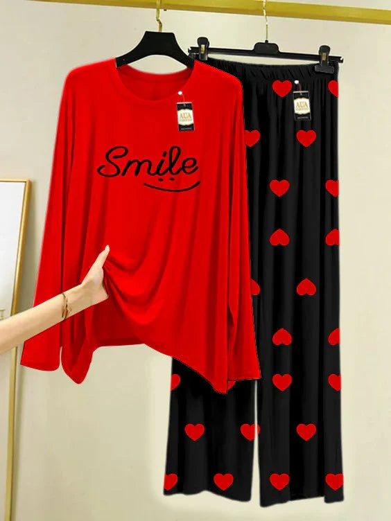 RED  Printed Nightwear Set with Black Mini Heart Printed Trousers – Women's Lounge Wear