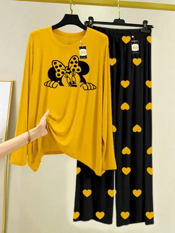 YELLOW Printed Nightwear Set with Black Mini Heart Printed Trousers – Women's Lounge Wear
