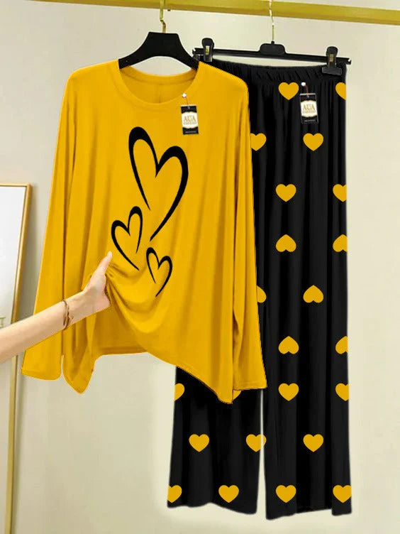 YELLOW Printed Nightwear Set with Black Mini Heart Printed Trousers – Women's Lounge Wear
