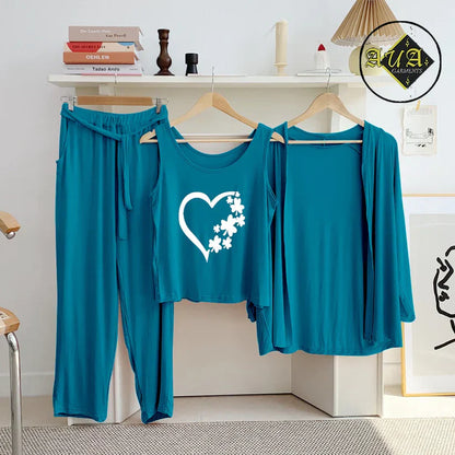 3 Piece Lounge wear Nightwear Sleepwear For Women Aqua Blue