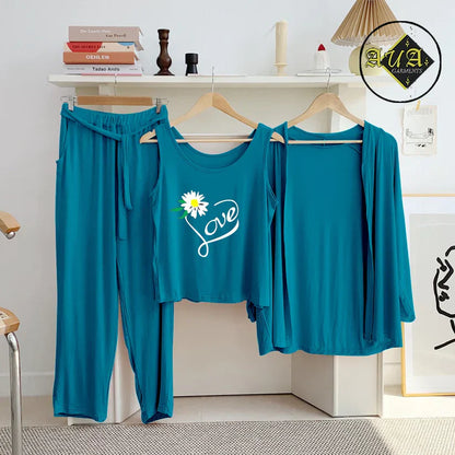 3 Piece Lounge wear Nightwear Sleepwear For Women Aqua Blue