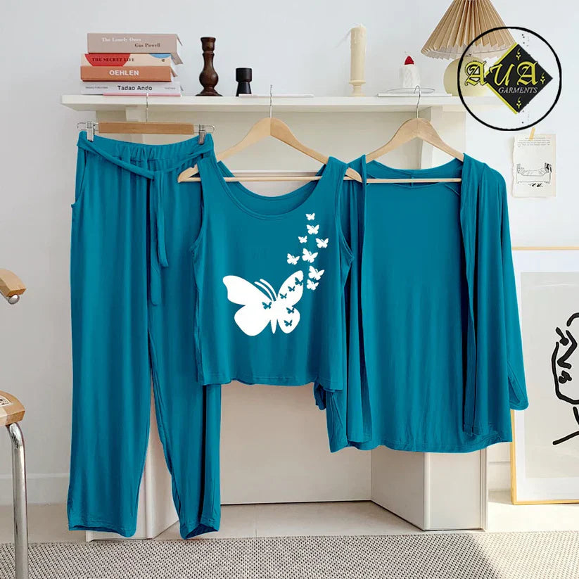 3 Piece Lounge wear Nightwear Sleepwear For Women Aqua Blue