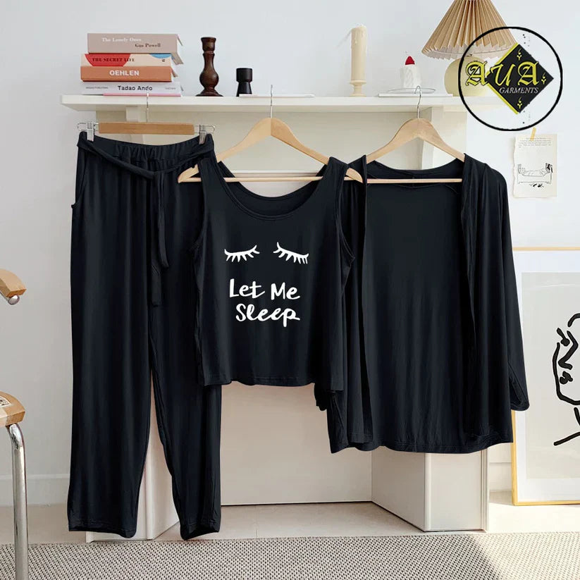 3 Piece Lounge wear Nightwear Sleepwear For Women Black
