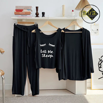 3 Piece Lounge wear Nightwear Sleepwear For Women Black