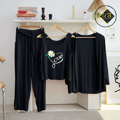 3 Piece Lounge wear Nightwear Sleepwear For Women Black