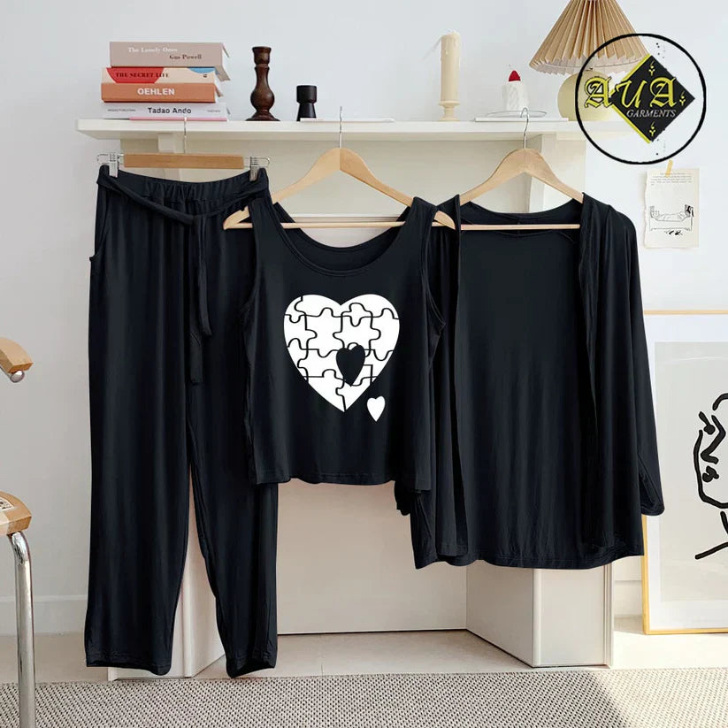 3 Piece Lounge wear Nightwear Sleepwear For Women Black