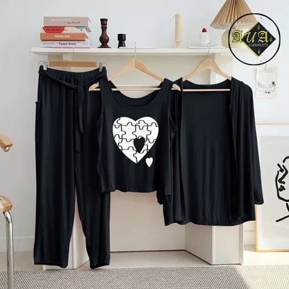 3 Piece Lounge wear Nightwear Sleepwear For Women Black