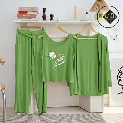 Sea Green 3 Piece Lounge wear Nightwear Sleepwear For Women