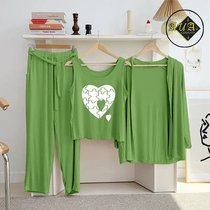 Sea Green 3 Piece Lounge wear Nightwear Sleepwear For Women