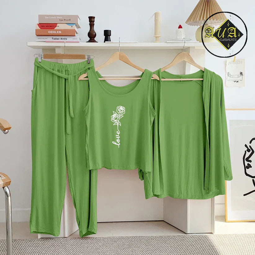 Sea Green 3 Piece Lounge wear Nightwear Sleepwear For Women