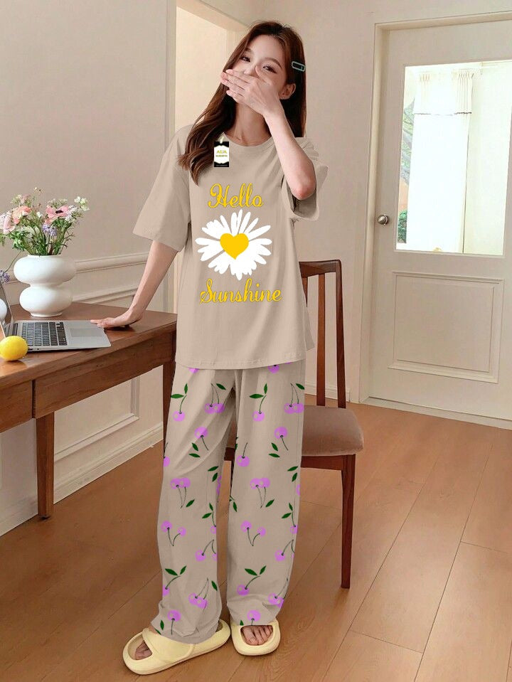 Printed Half-Sleeved Vest For Leisure Home Wear Female Sleepwear Night Dress