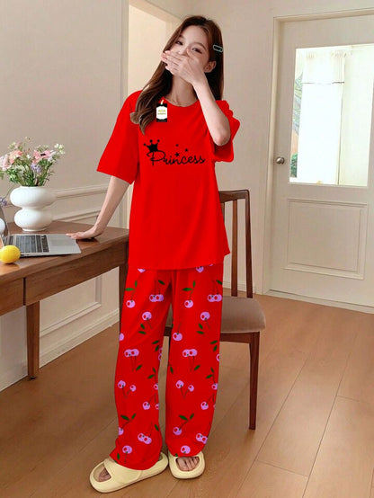 Printed Half-Sleeved Vest For Leisure Home Wear Female Sleepwear Night Dress