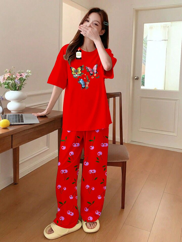 Printed Half-Sleeved Vest For Leisure Home Wear Female Sleepwear Night Dress