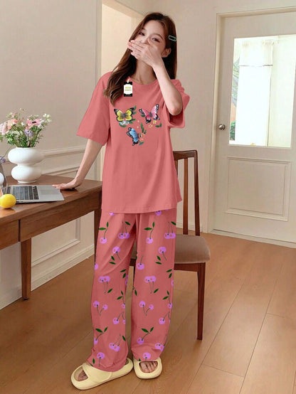 Printed Half-Sleeved Vest For Leisure Home Wear Female Sleepwear Night Dress