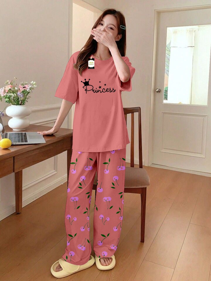 Printed Half-Sleeved Vest For Leisure Home Wear Female Sleepwear Night Dress