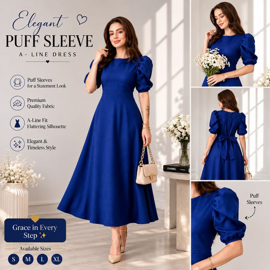 Elegant Blue Puff Sleeve A-Line Dress – Timeless Grace & Sophistication