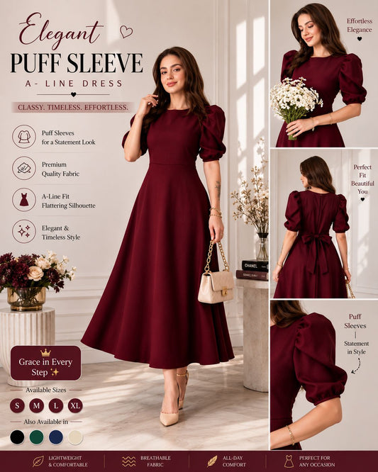 Elegant Mehroon Puff Sleeve A-Line Dress – Timeless Grace & Sophistication