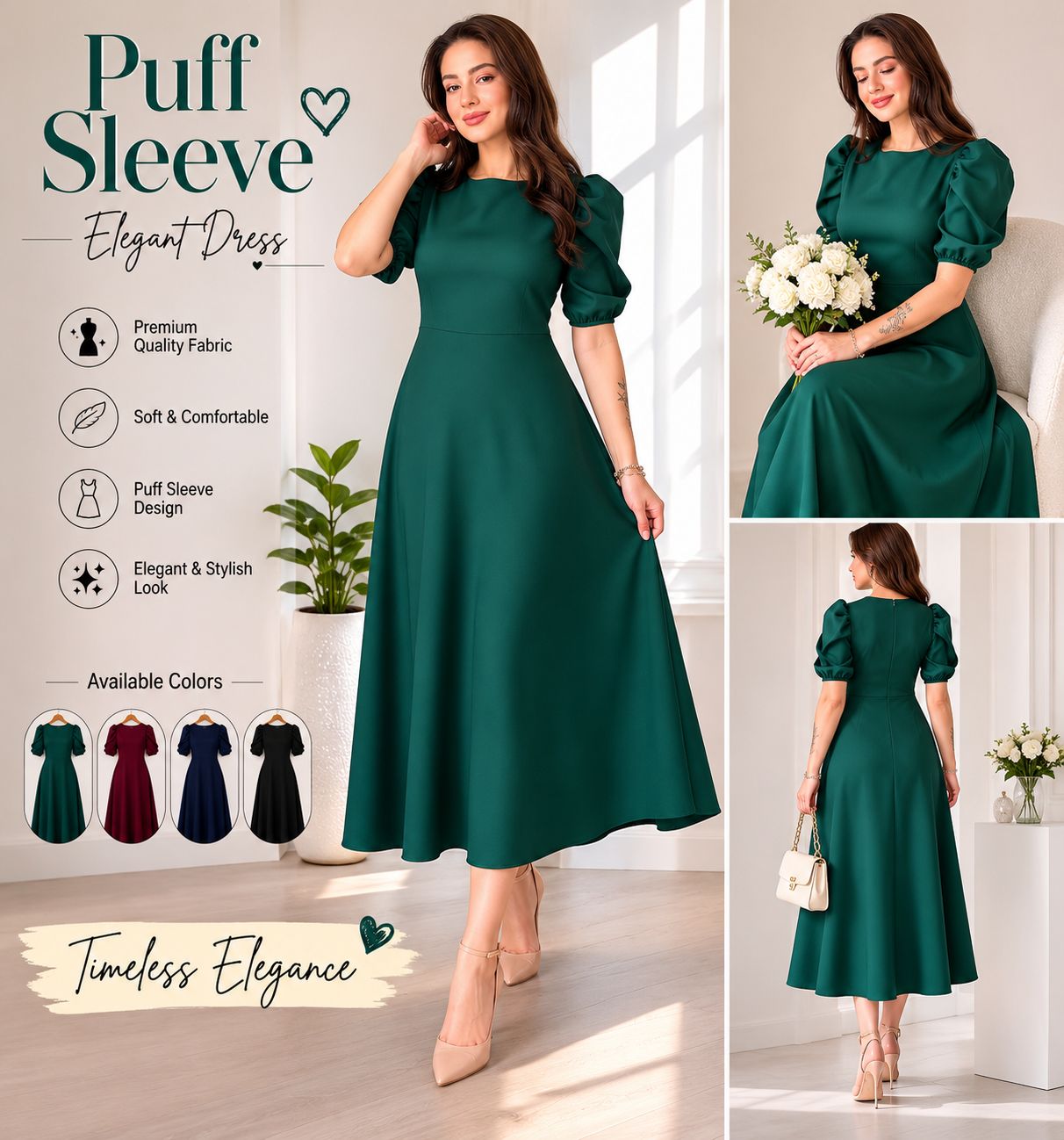 Elegant Green Puff Sleeve A-Line Dress – Timeless Grace & Sophistication
