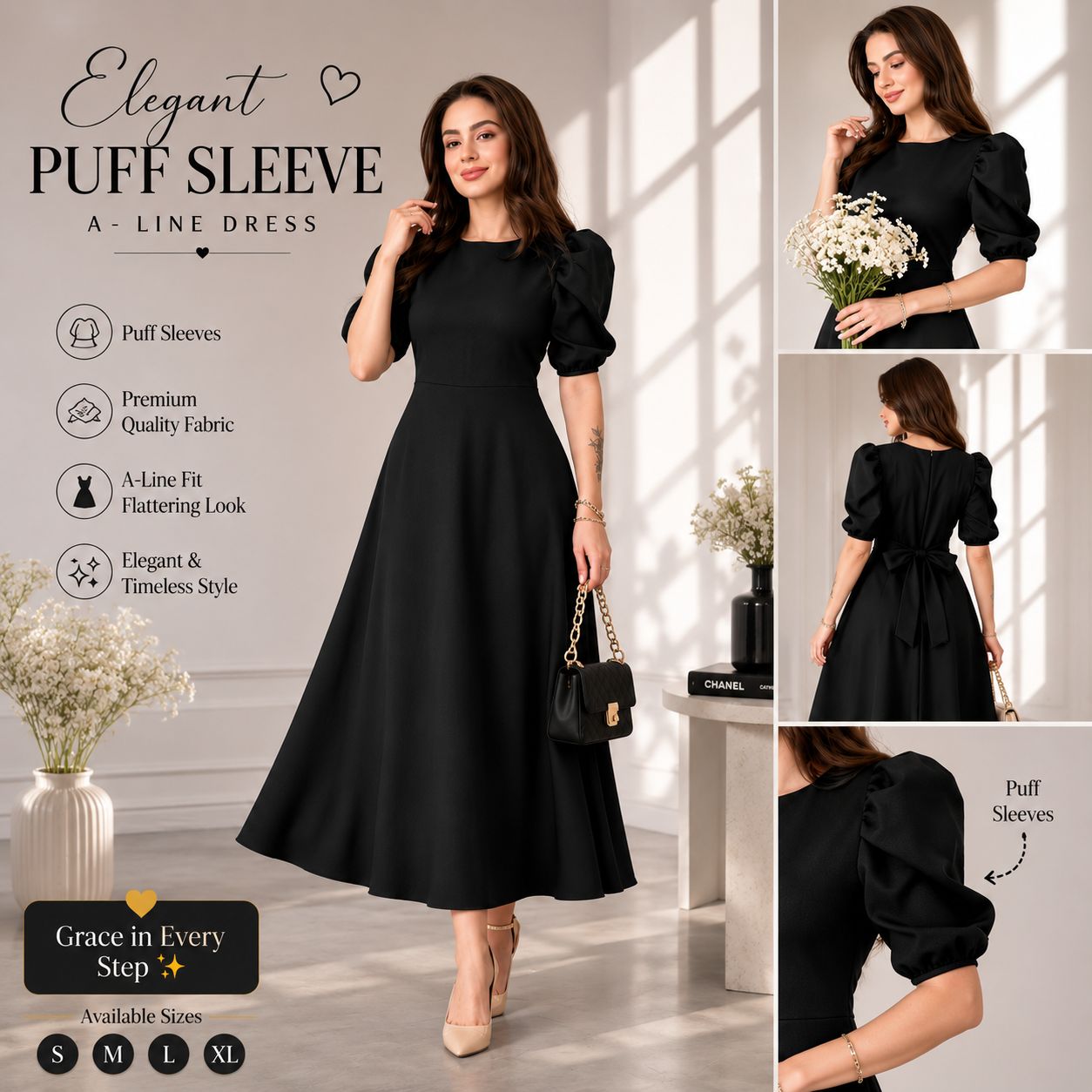 Elegant Black Puff Sleeve A-Line Dress – Timeless Grace & Sophistication