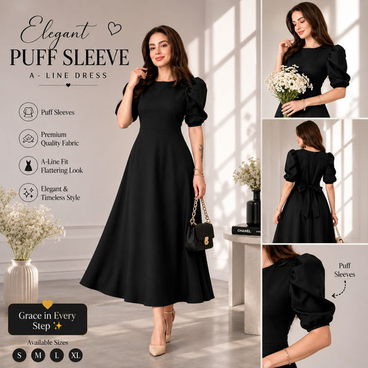 Elegant Black Puff Sleeve A-Line Dress – Timeless Grace & Sophistication