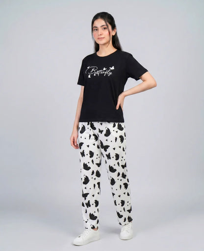 Black Butterfly Print Pajama Set
